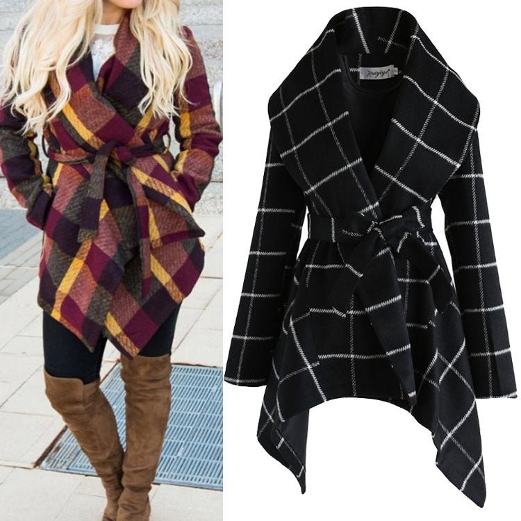 Women's winter irregular plaid coat - pokemacd77835d86f23f86b27048f92be48404