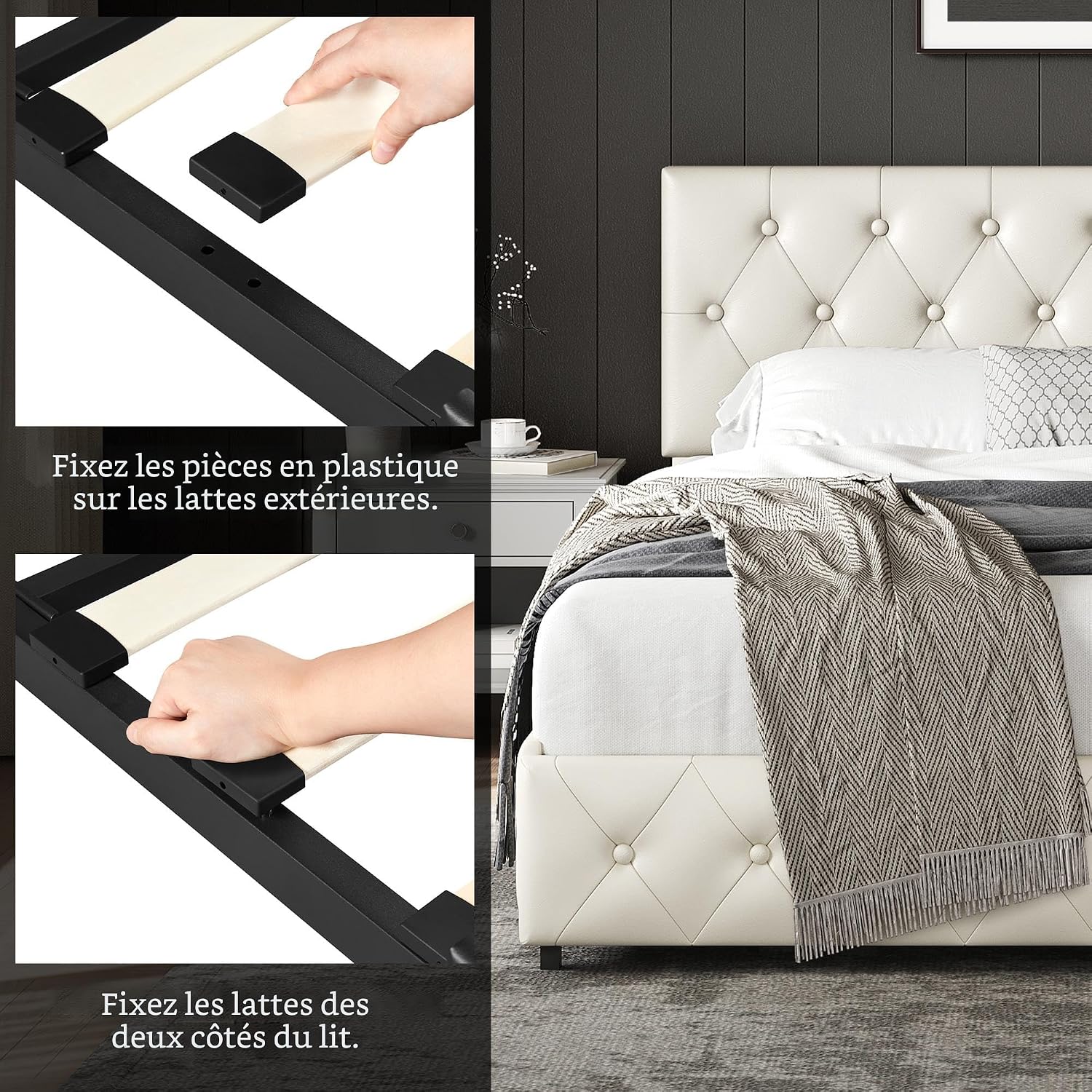 Yaheetech Cadre de lit Queen rembourré avec tête de lit boutonnée réglable en diamant/3 tiroirs de rangement, lit sur plateforme Queen/lattes en bois solides, lit Queen beige - pokemaYaheetech Cadre de lit Queen rembourré avec tête de lit boutonnée réglable en diamant/3 tiroirs de rangement, lit sur plateforme Queen/lattes en bois solides, lit Queen beige