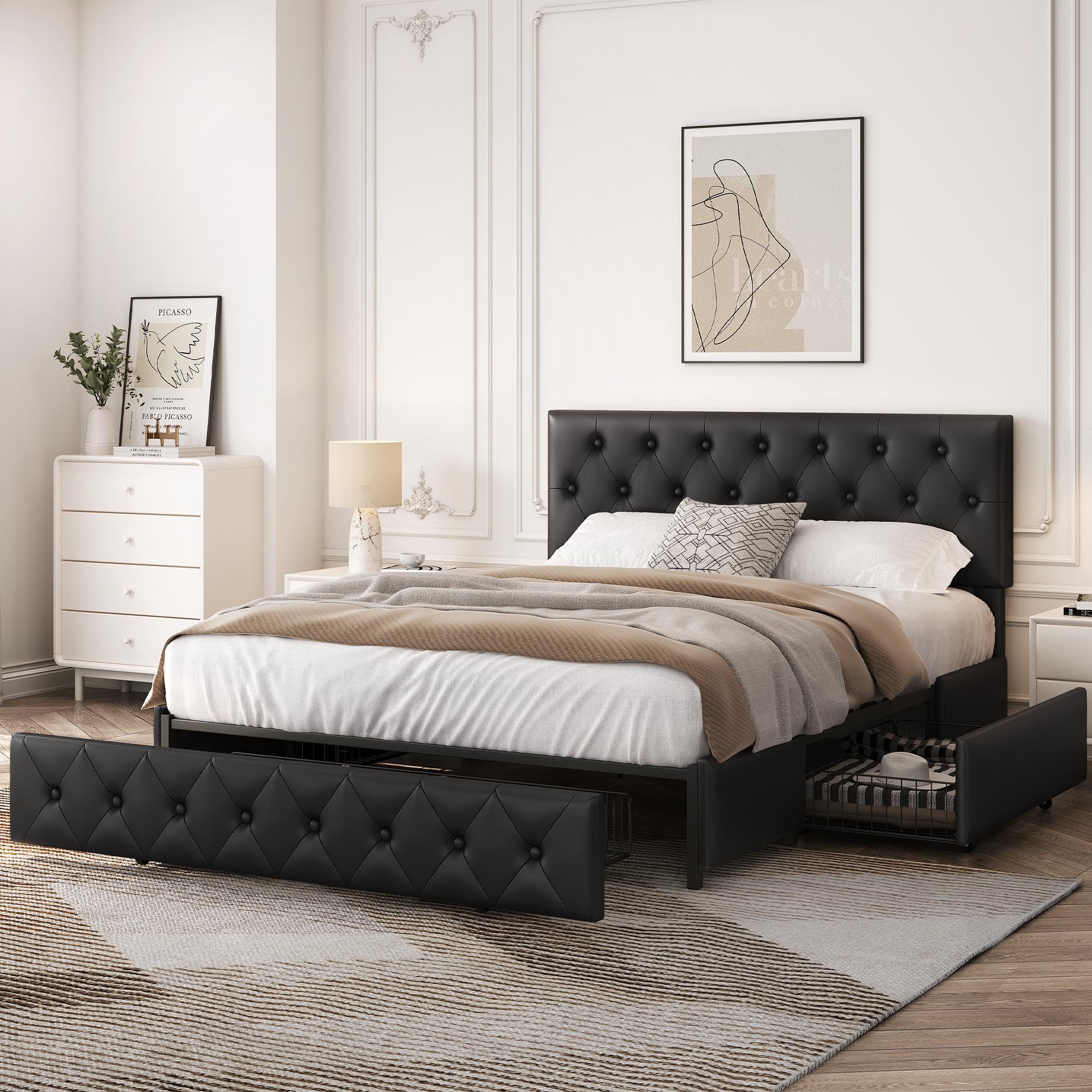 Yaheetech Cadre de lit Queen rembourré avec tête de lit boutonnée réglable en diamant/3 tiroirs de rangement, lit sur plateforme Queen/lattes en bois solides, lit Queen beige - pokemaYaheetech Cadre de lit Queen rembourré avec tête de lit boutonnée réglable en diamant/3 tiroirs de rangement, lit sur plateforme Queen/lattes en bois solides, lit Queen beige