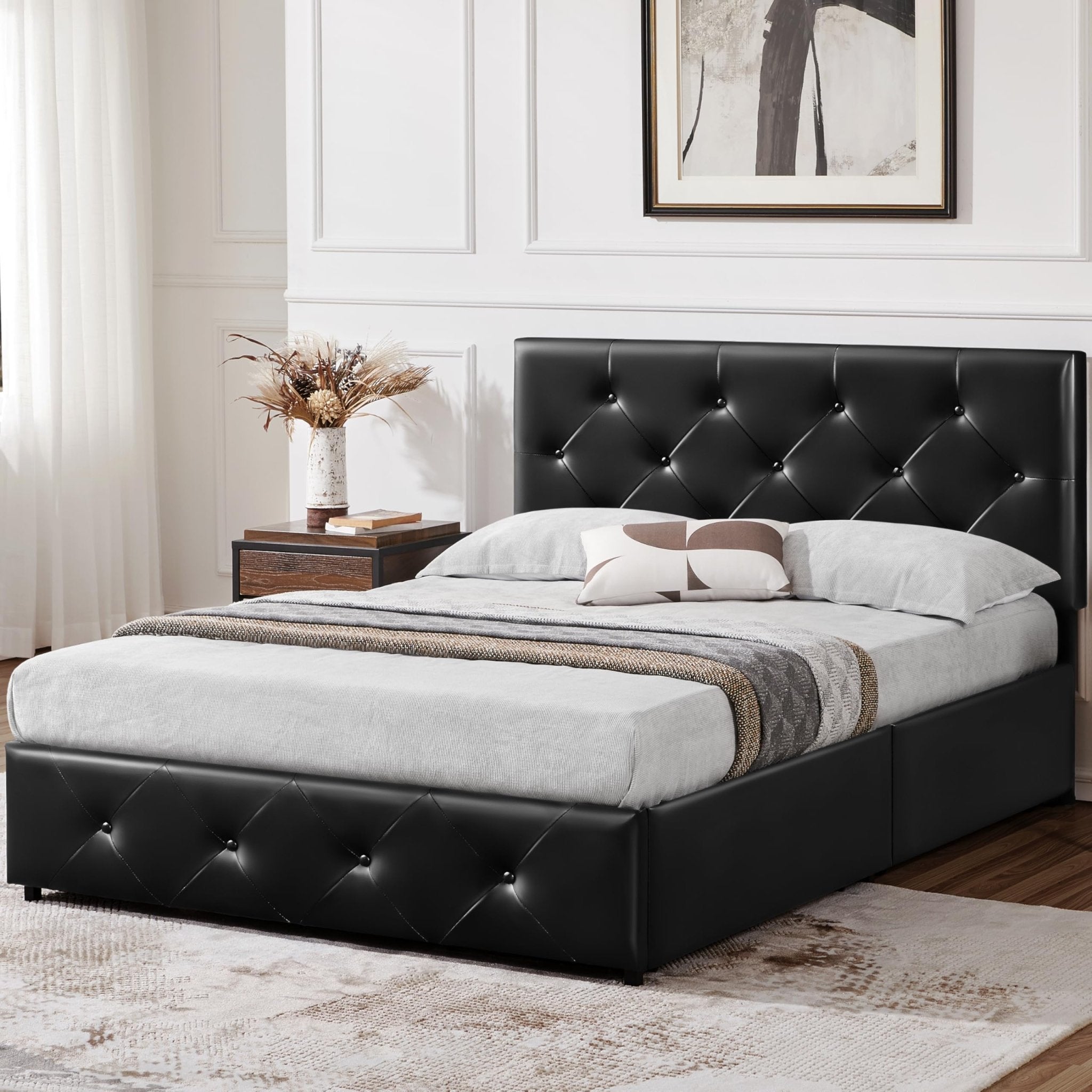 Yaheetech Cadre de lit Queen rembourré avec tête de lit boutonnée réglable en diamant/3 tiroirs de rangement, lit sur plateforme Queen/lattes en bois solides, lit Queen beige - pokemaYaheetech Cadre de lit Queen rembourré avec tête de lit boutonnée réglable en diamant/3 tiroirs de rangement, lit sur plateforme Queen/lattes en bois solides, lit Queen beige