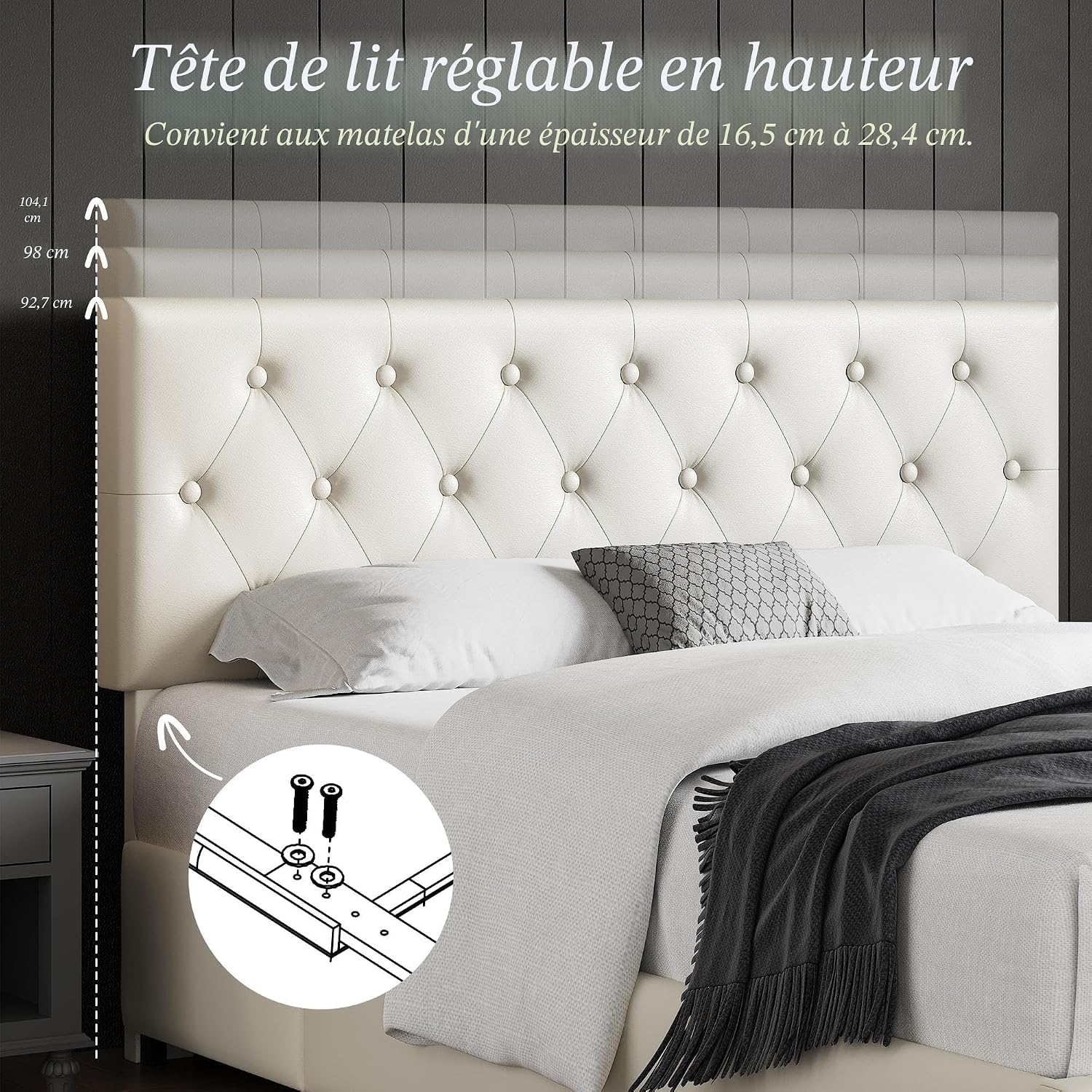Yaheetech Cadre de lit Queen rembourré avec tête de lit boutonnée réglable en diamant/3 tiroirs de rangement, lit sur plateforme Queen/lattes en bois solides, lit Queen beige - pokemaYaheetech Cadre de lit Queen rembourré avec tête de lit boutonnée réglable en diamant/3 tiroirs de rangement, lit sur plateforme Queen/lattes en bois solides, lit Queen beige