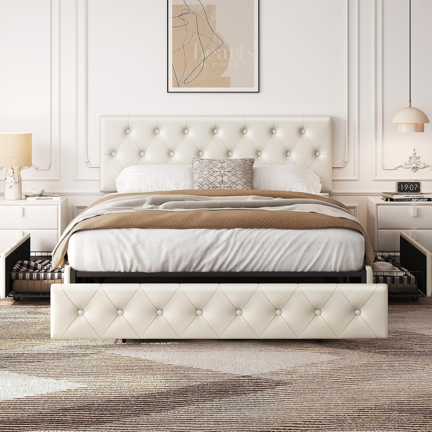 Yaheetech Cadre de lit Queen rembourré avec tête de lit boutonnée réglable en diamant/3 tiroirs de rangement, lit sur plateforme Queen/lattes en bois solides, lit Queen beige - pokemaYaheetech Cadre de lit Queen rembourré avec tête de lit boutonnée réglable en diamant/3 tiroirs de rangement, lit sur plateforme Queen/lattes en bois solides, lit Queen beige