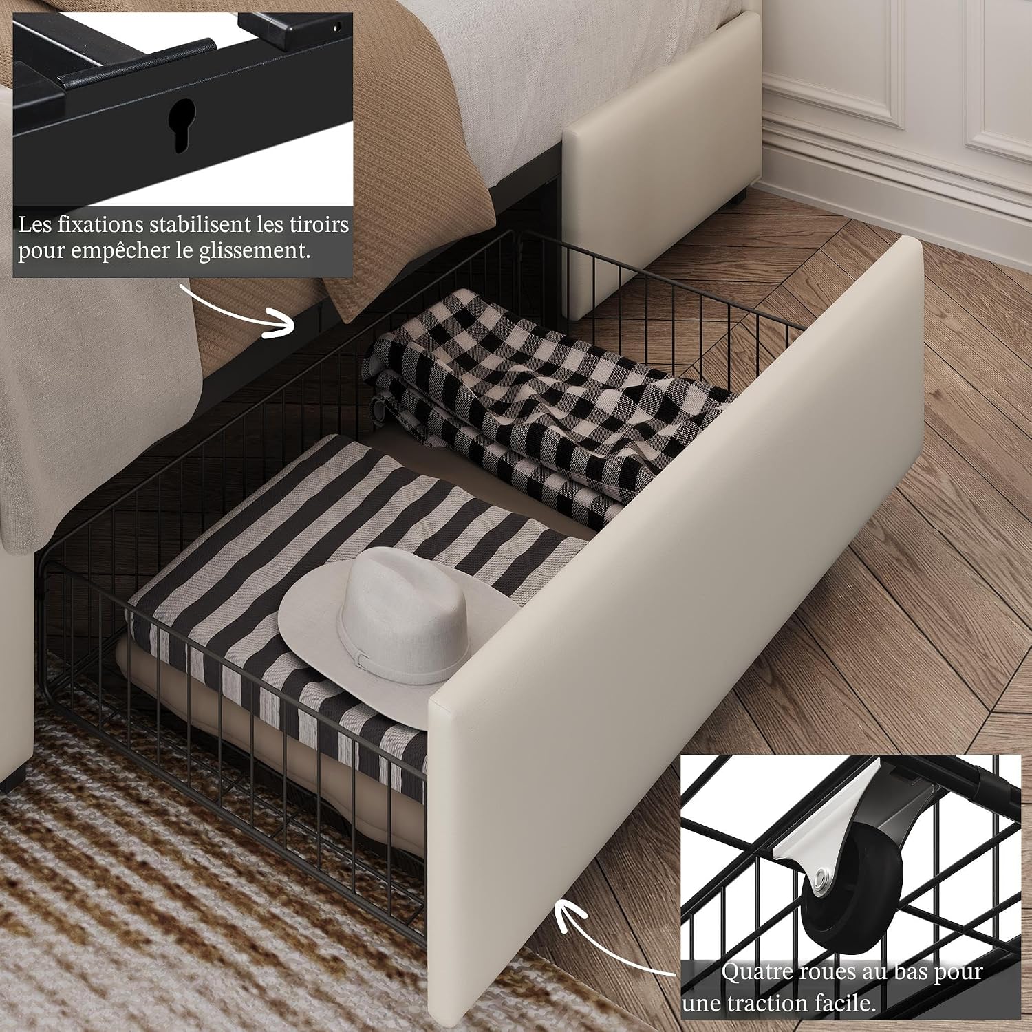 Yaheetech Cadre de lit Queen rembourré avec tête de lit boutonnée réglable en diamant/3 tiroirs de rangement, lit sur plateforme Queen/lattes en bois solides, lit Queen beige - pokemaYaheetech Cadre de lit Queen rembourré avec tête de lit boutonnée réglable en diamant/3 tiroirs de rangement, lit sur plateforme Queen/lattes en bois solides, lit Queen beige