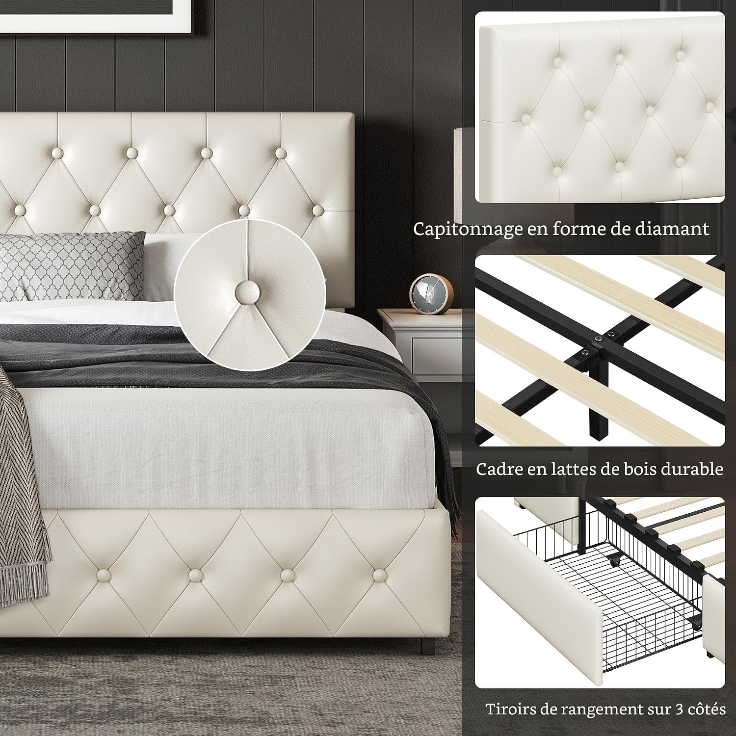 Yaheetech Cadre de lit Queen rembourré avec tête de lit boutonnée réglable en diamant/3 tiroirs de rangement, lit sur plateforme Queen/lattes en bois solides, lit Queen beige - pokemaYaheetech Cadre de lit Queen rembourré avec tête de lit boutonnée réglable en diamant/3 tiroirs de rangement, lit sur plateforme Queen/lattes en bois solides, lit Queen beige