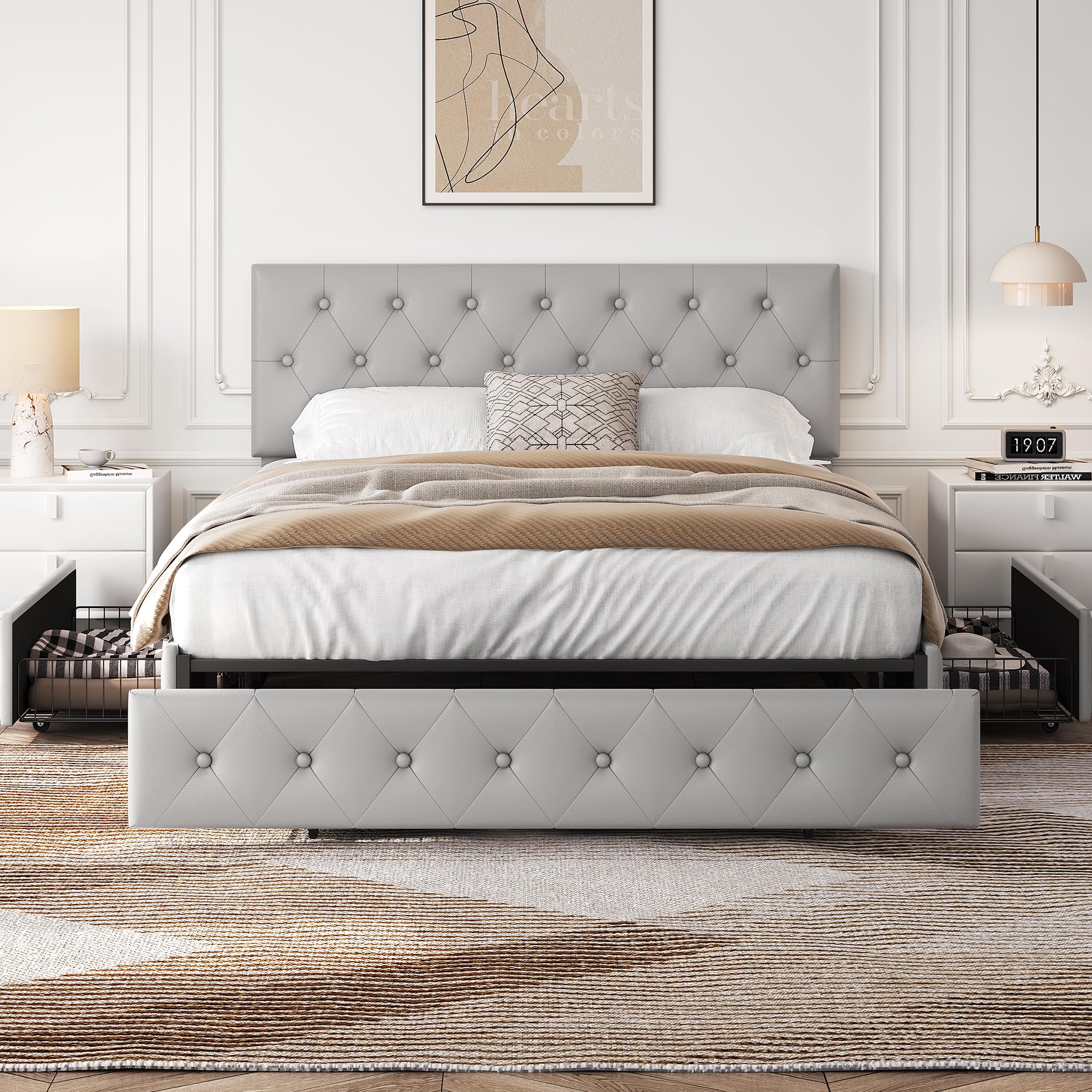 Yaheetech Cadre de lit Queen rembourré avec tête de lit boutonnée réglable en diamant/3 tiroirs de rangement, lit sur plateforme Queen/lattes en bois solides, lit Queen beige - pokemaYaheetech Cadre de lit Queen rembourré avec tête de lit boutonnée réglable en diamant/3 tiroirs de rangement, lit sur plateforme Queen/lattes en bois solides, lit Queen beige