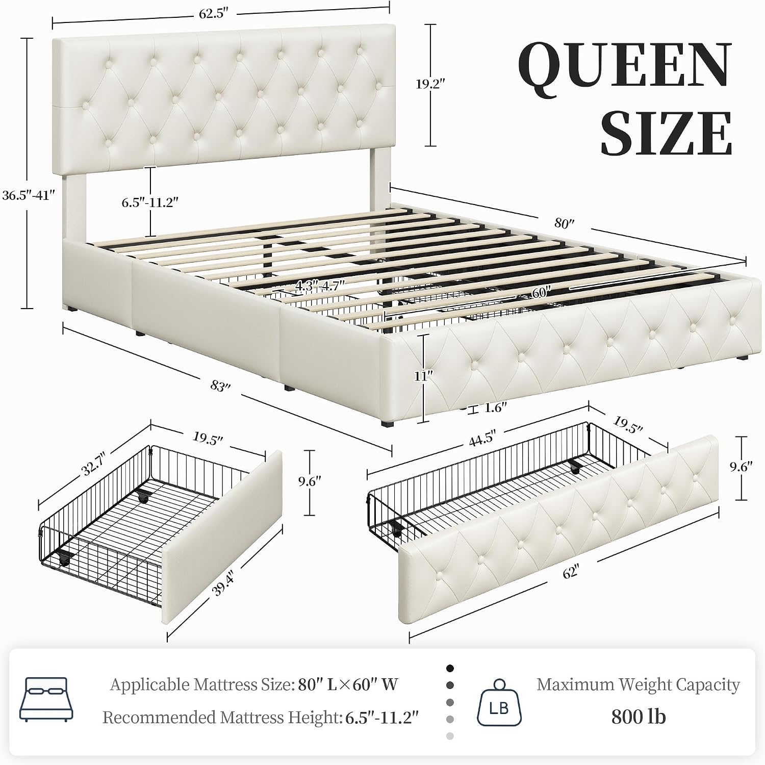 Yaheetech Cadre de lit Queen rembourré avec tête de lit boutonnée réglable en diamant/3 tiroirs de rangement, lit sur plateforme Queen/lattes en bois solides, lit Queen beige - pokemaYaheetech Cadre de lit Queen rembourré avec tête de lit boutonnée réglable en diamant/3 tiroirs de rangement, lit sur plateforme Queen/lattes en bois solides, lit Queen beige