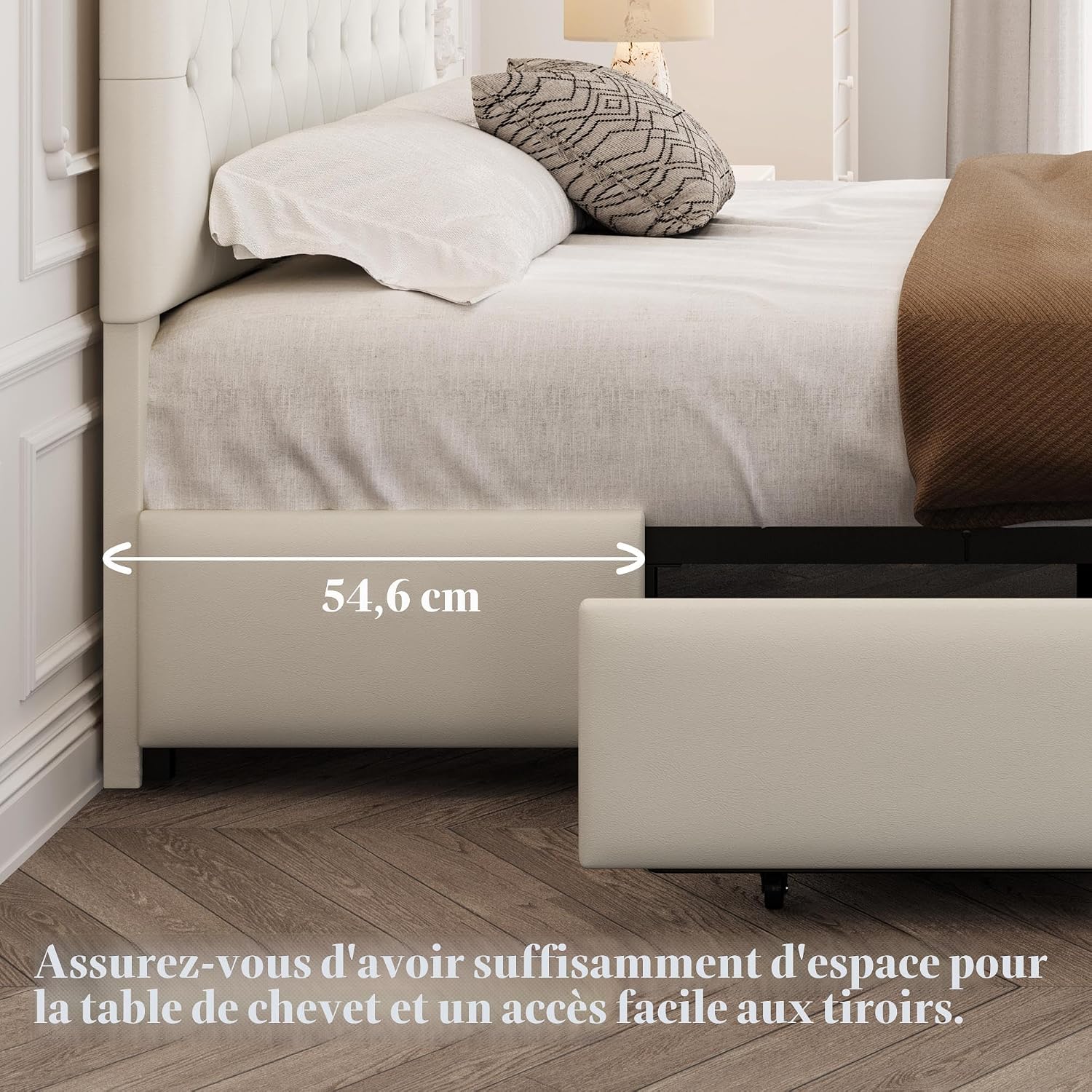 Yaheetech Cadre de lit Queen rembourré avec tête de lit boutonnée réglable en diamant/3 tiroirs de rangement, lit sur plateforme Queen/lattes en bois solides, lit Queen beige - pokemaYaheetech Cadre de lit Queen rembourré avec tête de lit boutonnée réglable en diamant/3 tiroirs de rangement, lit sur plateforme Queen/lattes en bois solides, lit Queen beige