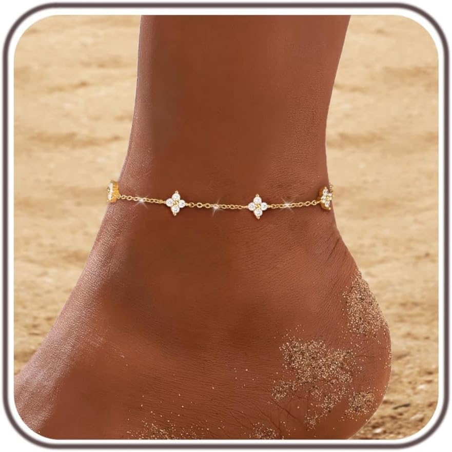 ZHESHY Bracelet de cheville en argent plaqué or 14 carats pour femme - Étanche - Ne ternit pas - Empilable - Trèfle - Tennis - Chaîne de cheville - Bijou de plage - pokemaZHESHY Bracelet de cheville en argent plaqué or 14 carats pour femme - Étanche - Ne ternit pas - Empilable - Trèfle - Tennis - Chaîne de cheville - Bijou de plage